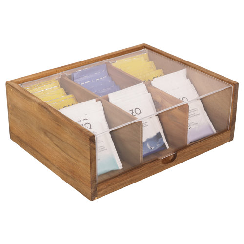 HTB Acacia Wood Tea Bag Organizer Storage, Tea Chest Box with Acrylic